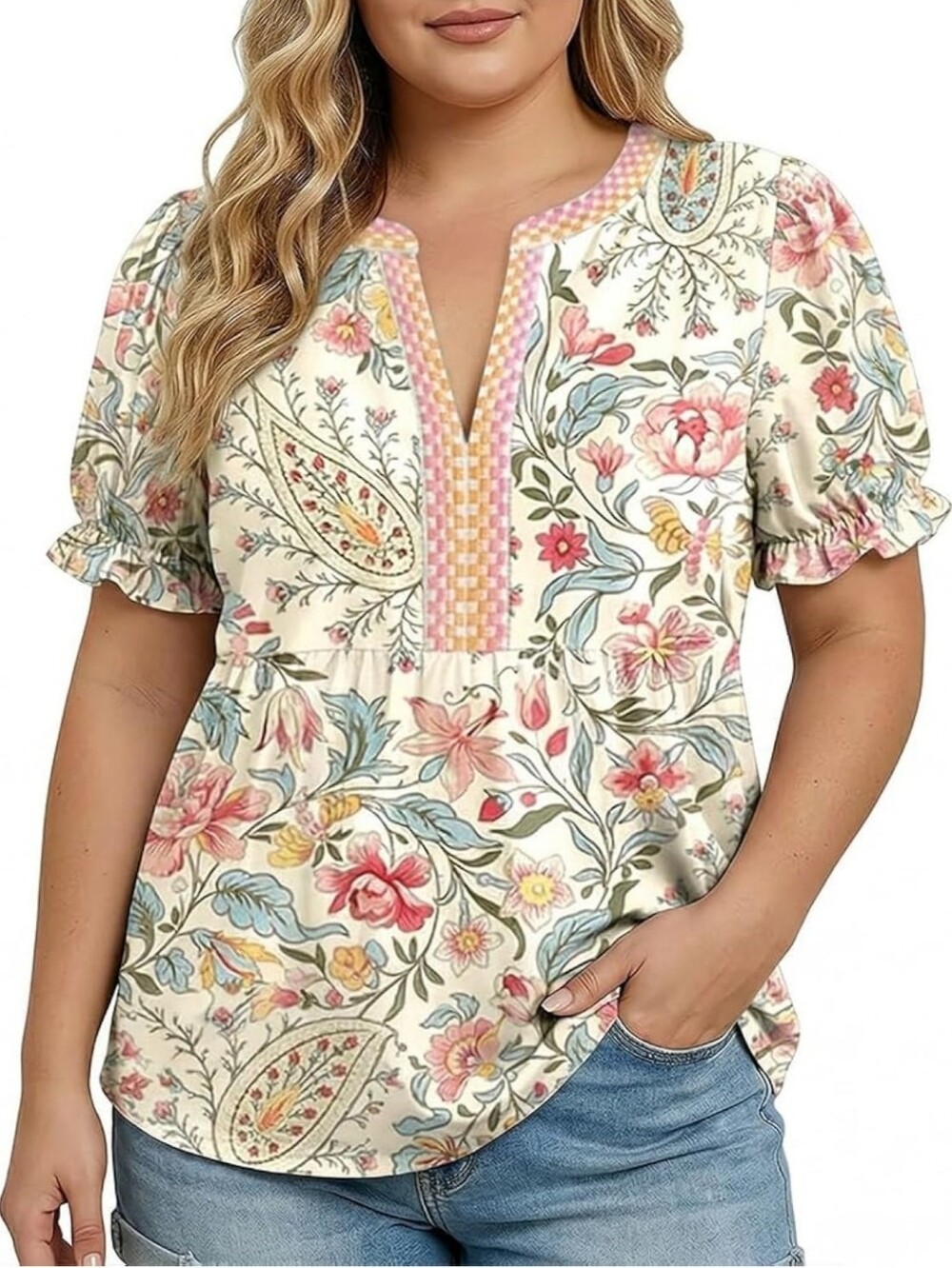 CherryBetty Floral Paisley Short Sleeve Blouse Size XL